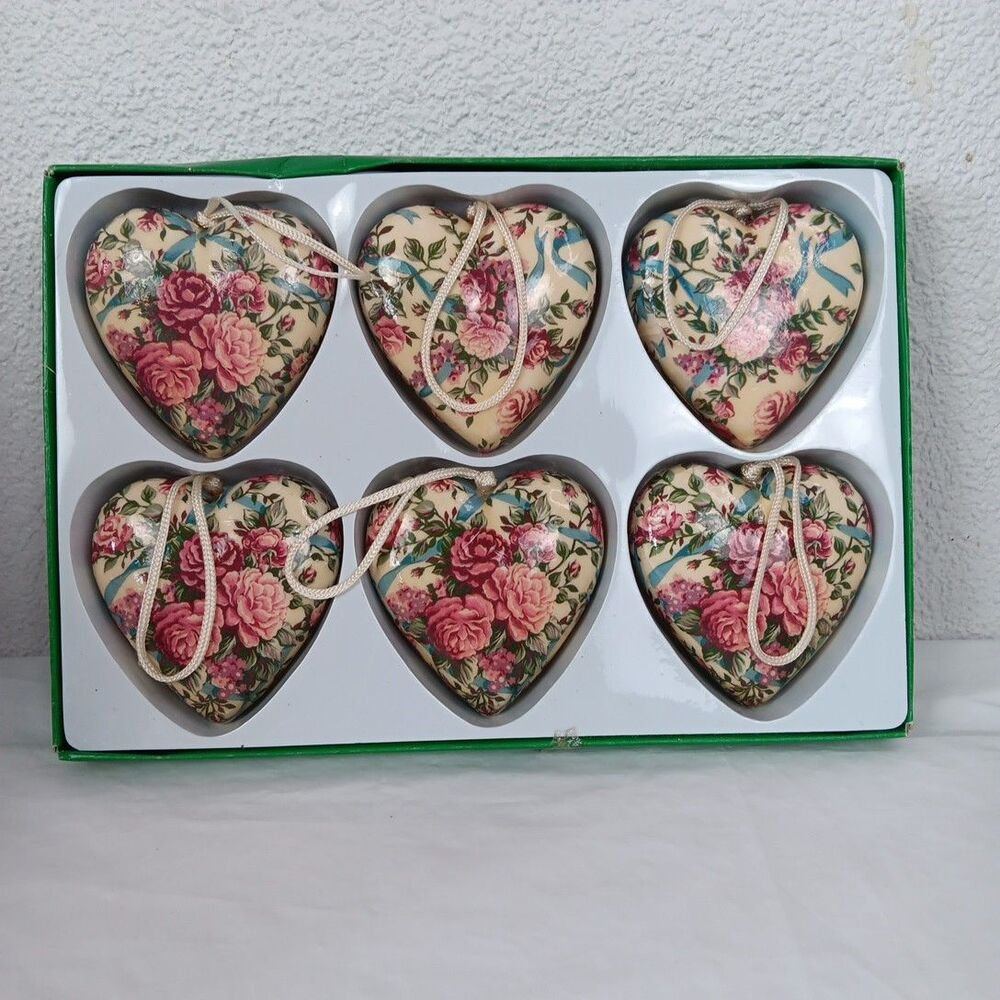 6 Vintage Decoupage Rose Heart Victorian Rose Ornaments 3.25" Pink Green Beige